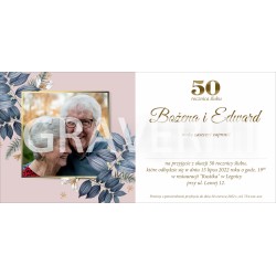 Zaproszenie na rocznicę ślubu ze zdjęciem w kwadratowej ramce na różowym tle - DL_02