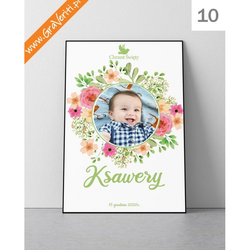 Plakat pamiątkowy ze zdjęciem dziecka, wiosenny, z kolorowym bukietem kwiatów i traw.