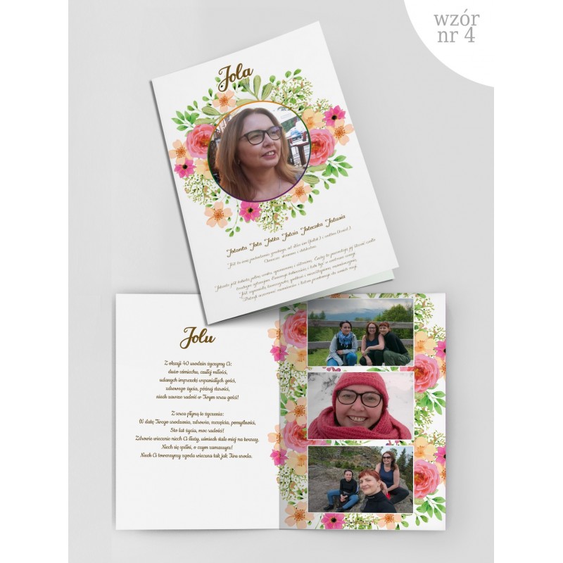Kartka urodzinowa z wspólnymi zdjęciami wśrod polnych, tęczowych kwiatków