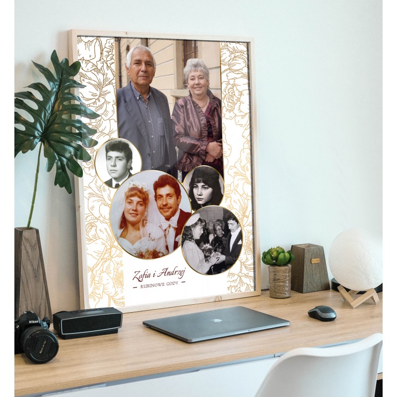 Stare fotografie rodzinne wydrukowane na dużym formacie na rocznicę słubu rodziców lub ciotki.